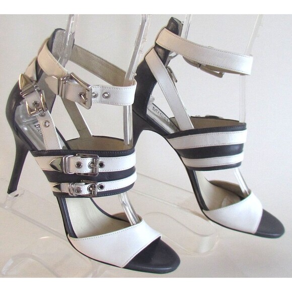DESIGNER MICHAEL KORS BLUE/WHITE OPEN TOE ANKLE STRAP HIGH HEEL SANDALS 8.5 M - Picture 1 of 11